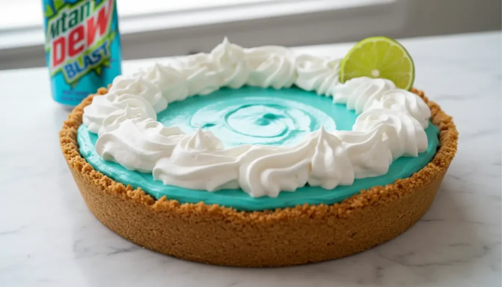 Baja Blast pie with a graham cracker crust, blue creamy filling, whipped cream topping, lime slice, and Mountain Dew Baja Blast can in the background.