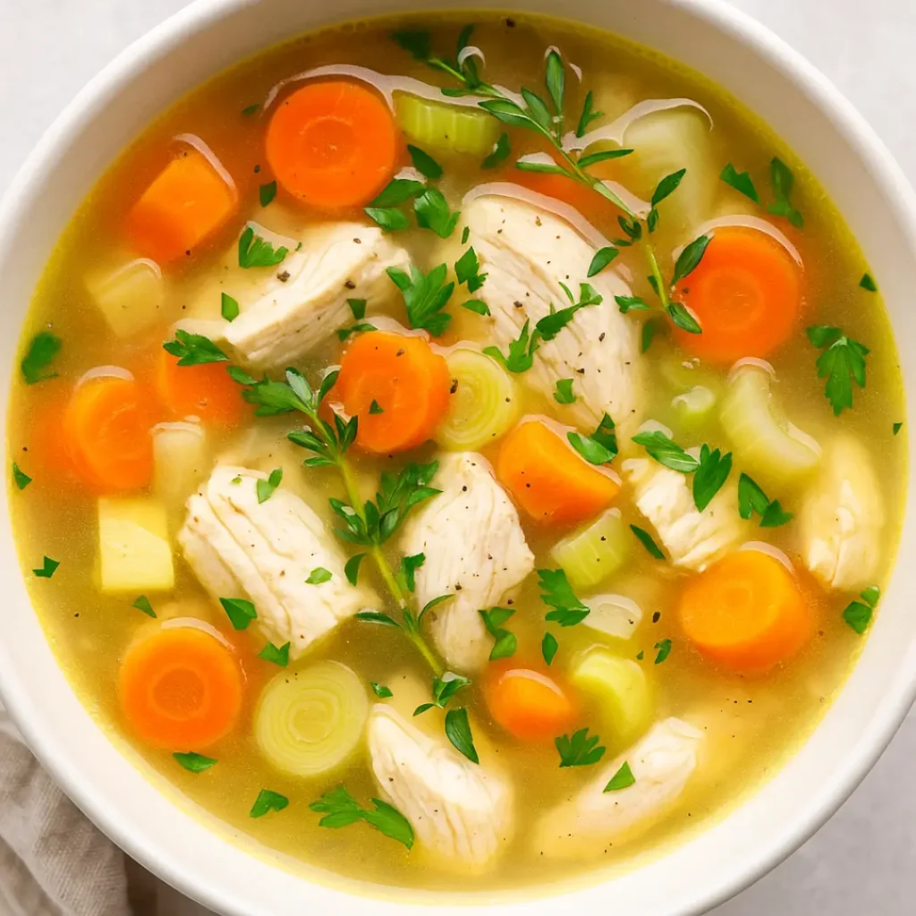 Close-up view of homemade chicken soup with carrots, celery, leeks, parsley, and chunks of poached chicken in golden broth.