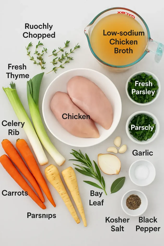 Labeled top-down view of fresh chicken soup ingredients including chicken, carrots, parsnips, leeks, herbs, and broth.