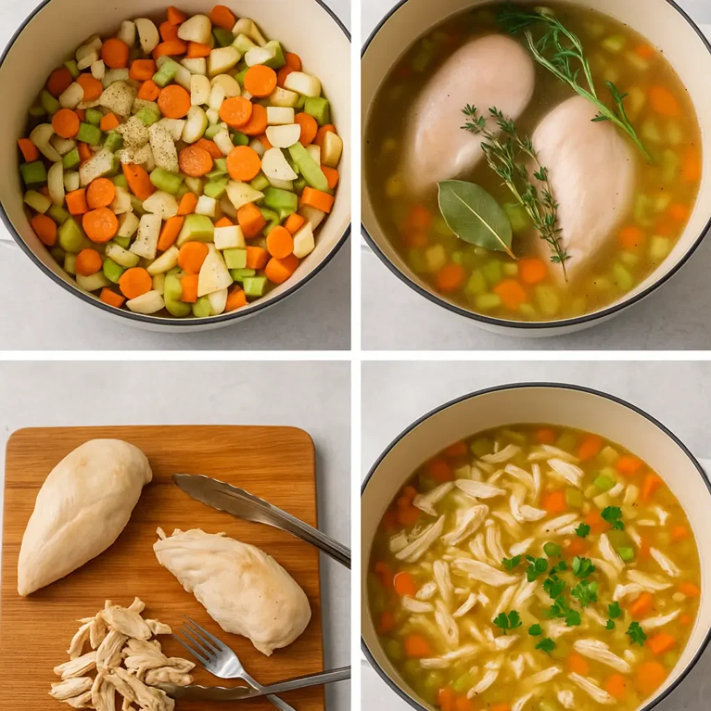 A four-panel image showing the steps to make chicken soup: sautéed vegetables, poaching chicken with herbs, shredding chicken, and the finished soup.