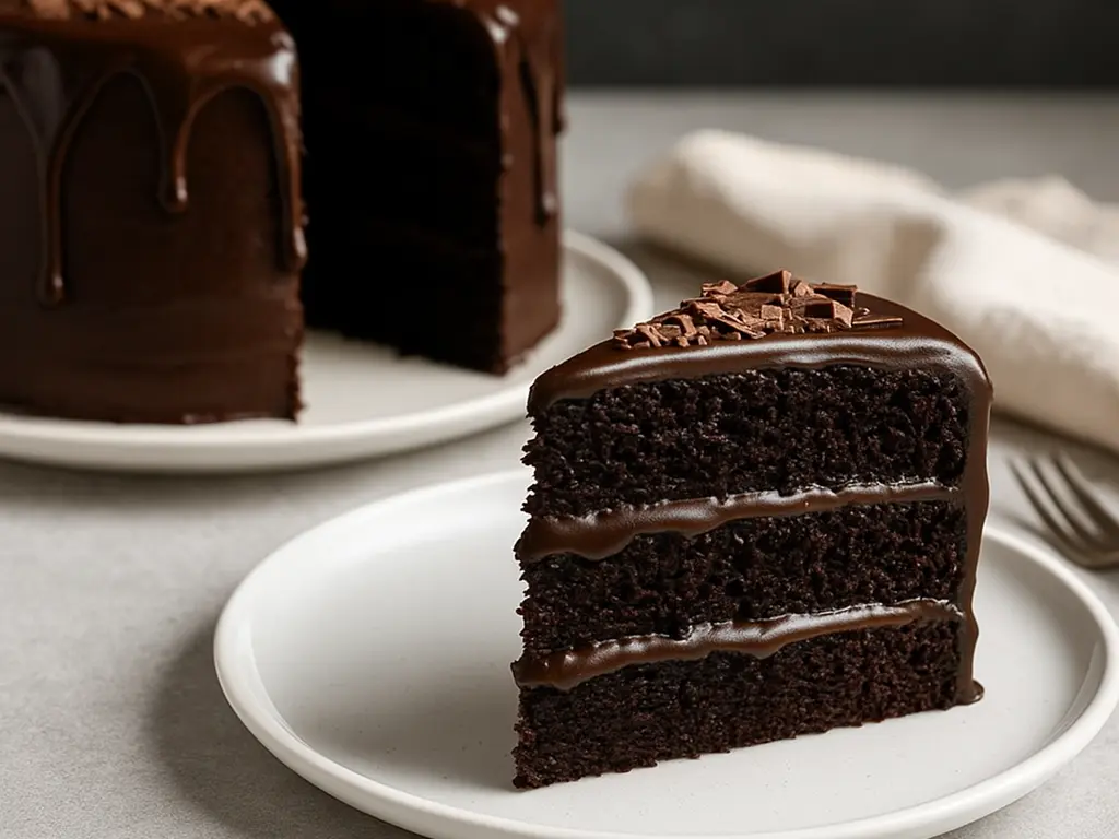Slice of chocolate fantasy cake served on a plate with whole cake in background.