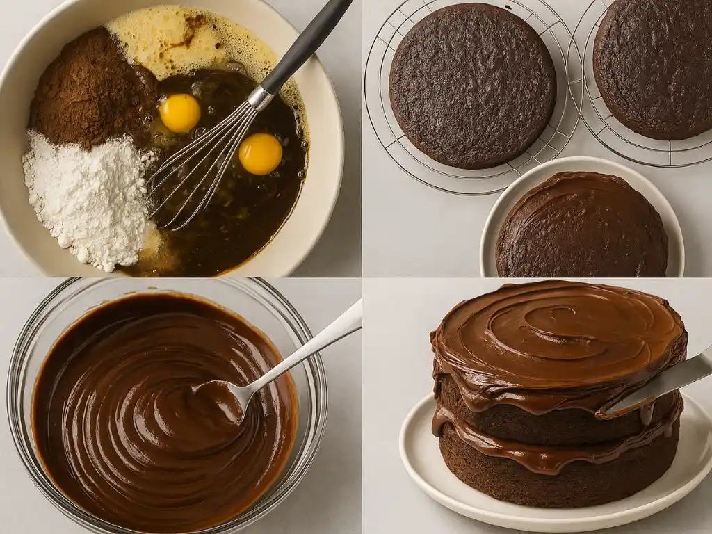 Step-by-step chocolate fantasy cake recipe process with ganache.
