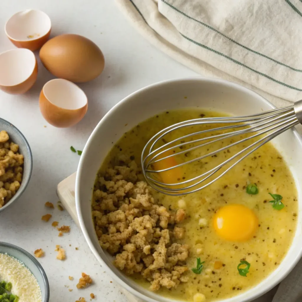 Bread cubes mixed with buttery herbs during the preparation of homemade stuffing.