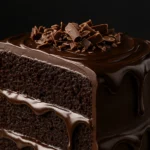 A rich slice of three-layer chocolate fantasy cake with glossy ganache and chocolate shavings on top, served on a white plate.