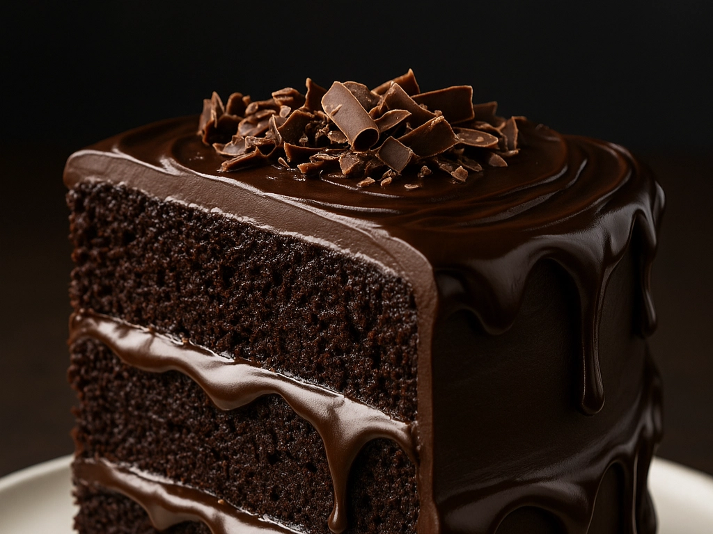 A rich slice of three-layer chocolate fantasy cake with glossy ganache and chocolate shavings on top, served on a white plate.