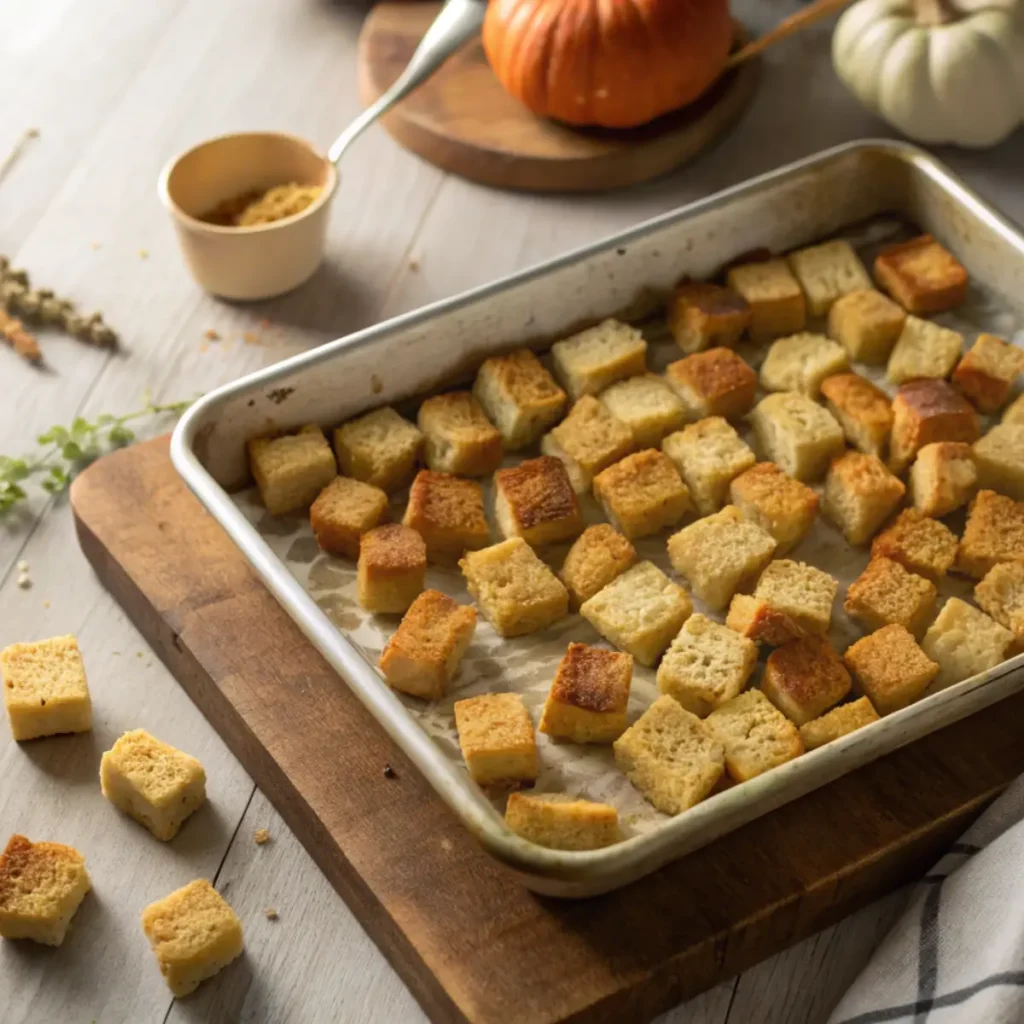 Bread cubes drying on a sheet pan as the first step of the homemade stuffing recipe.