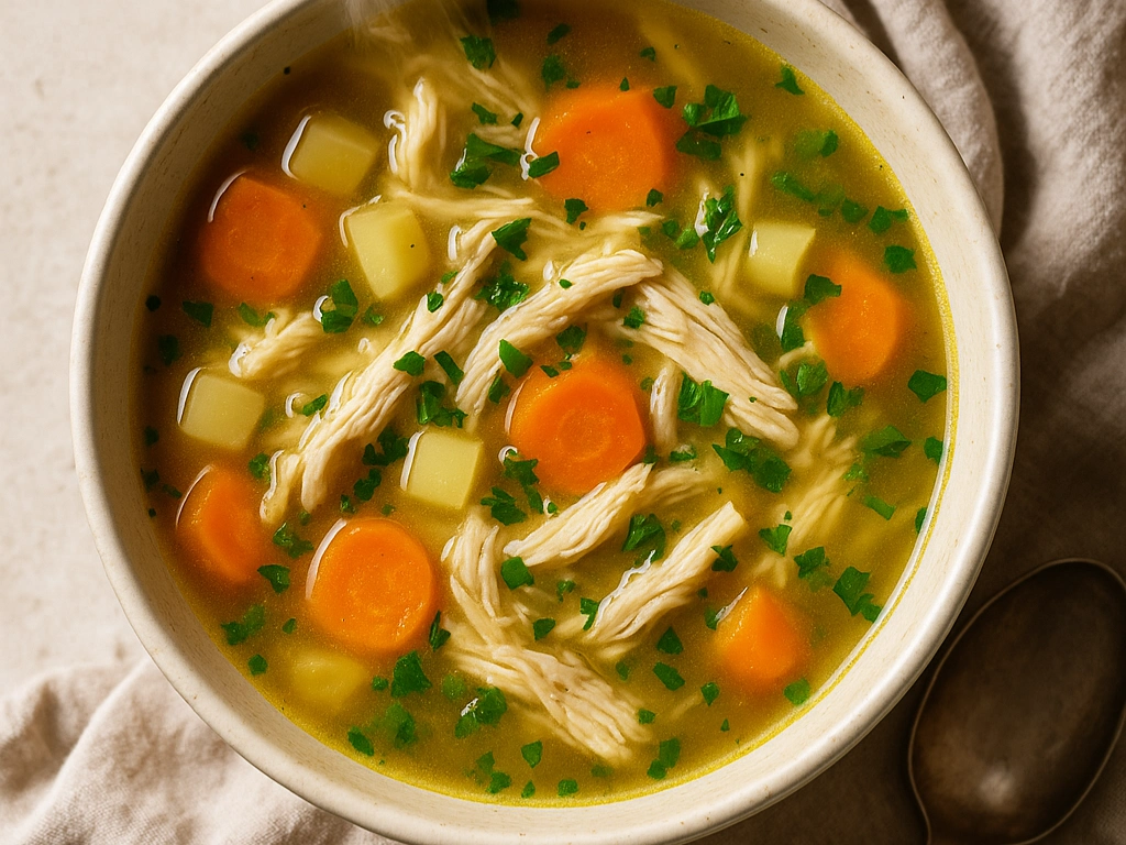 A steaming bowl of homemade chicken soup with shredded chicken, sliced carrots, parsnips, and fresh parsley in a rustic ceramic bowl.