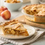 Slice of easy apple pie with a flaky golden crust and cinnamon-spiced apple filling on a ceramic plate.