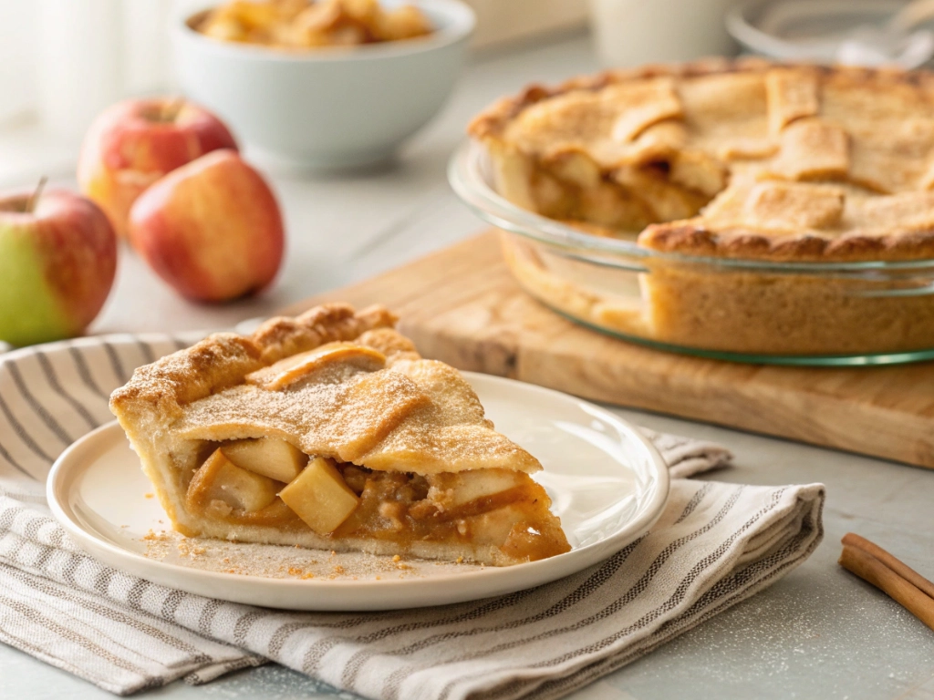 Slice of easy apple pie with a flaky golden crust and cinnamon-spiced apple filling on a ceramic plate.
