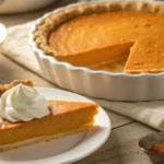 Homemade sweet potato pie with one slice served on a plate and topped with whipped cream on a rustic wooden table
