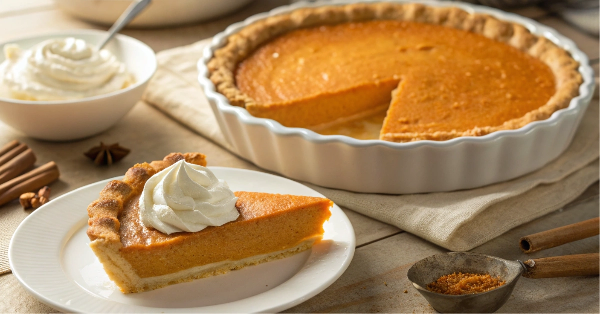 Homemade sweet potato pie with one slice served on a plate and topped with whipped cream on a rustic wooden table