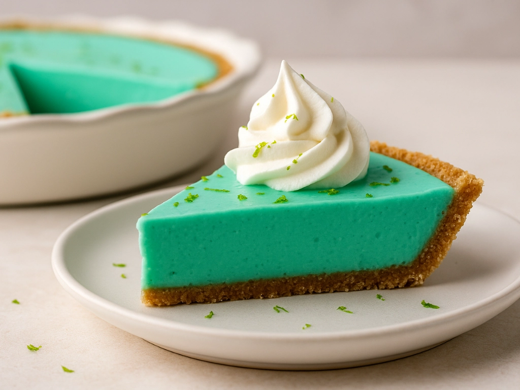 A close-up of a slice of Baja Blast Pie with a turquoise filling, topped with whipped cream and lime zest, served on a white plate with the full pie blurred in the background.