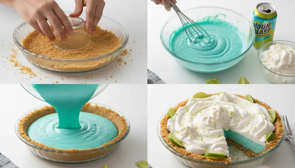 Baja Blast pie step-by-step collage showing graham cracker crust being pressed, blue filling whisked, filling poured into crust, and finished pie topped with whipped cream and lime slices.