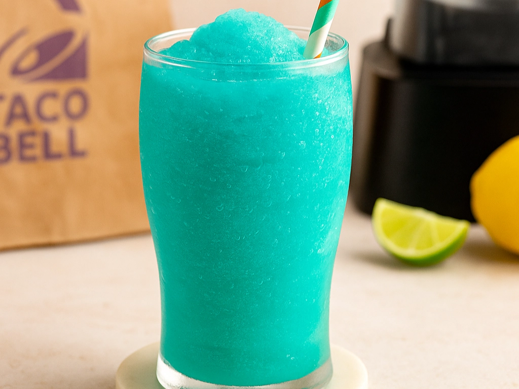 Icy glass of Taco Bell Baja Blast Freeze with straw, lime wedge, and Taco Bell bag in background.