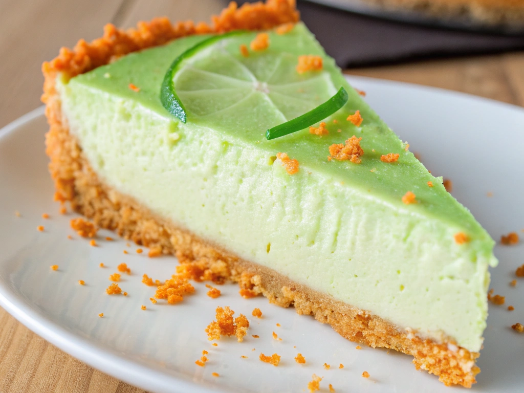 A slice of Mountain Dew cheesecake with a green filling and Dorito crust on a white plate.