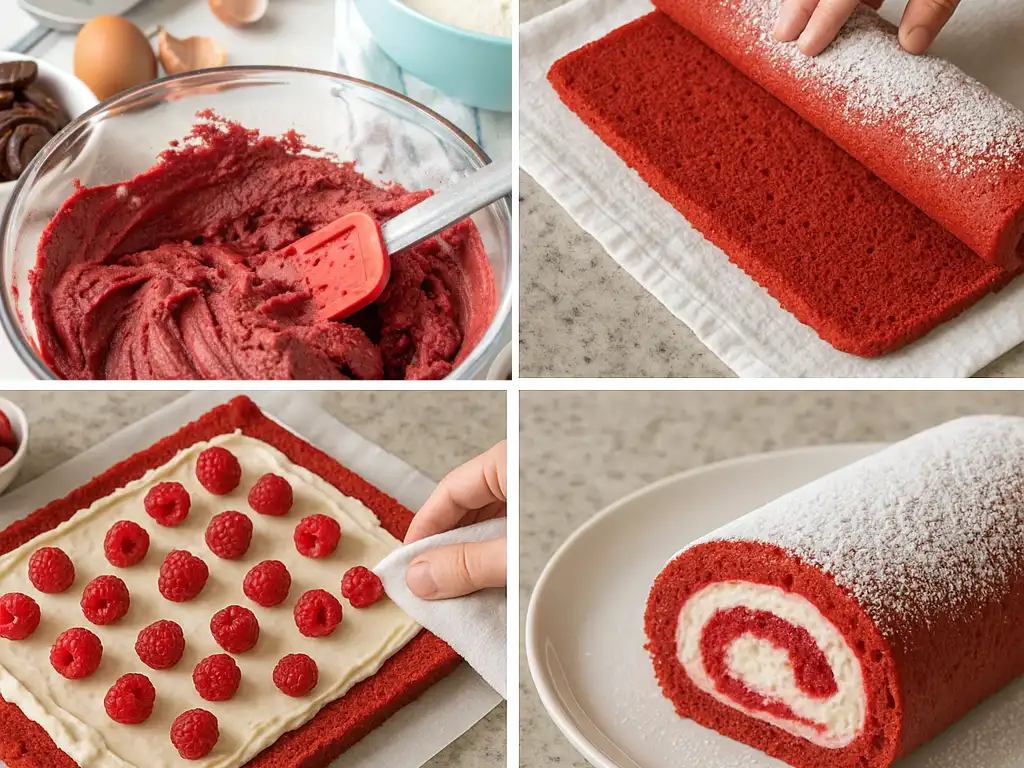 Four-step collage showing how to make a red velvet cake roll with raspberry buttercream filling and fresh raspberries.