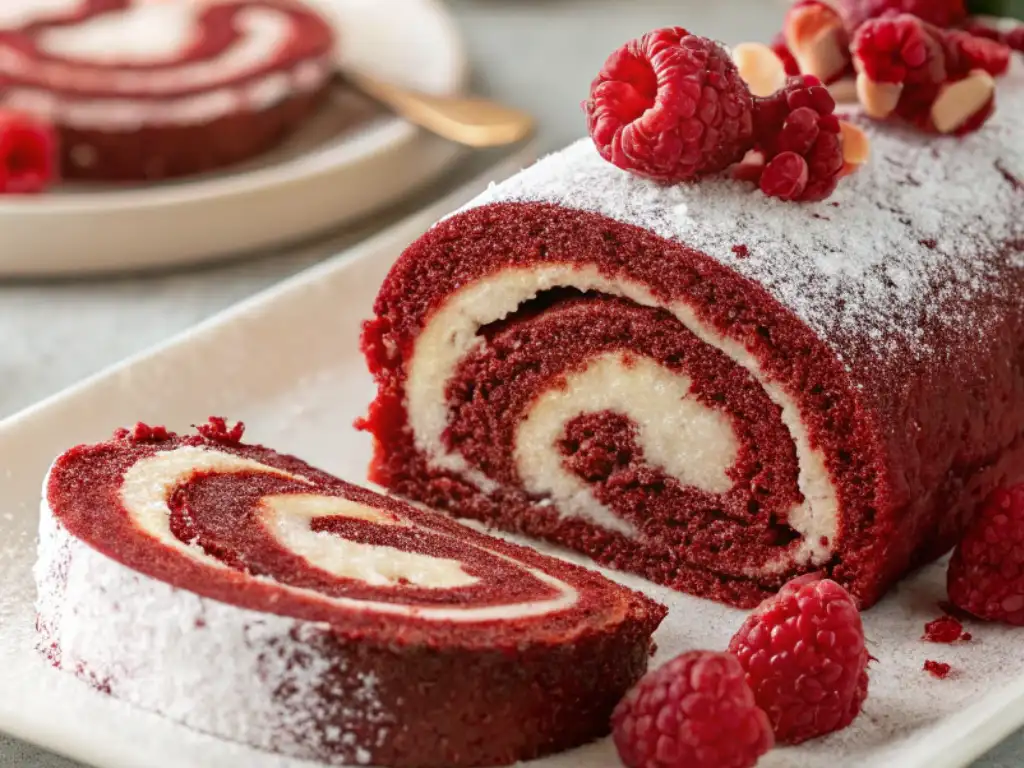 Sliced red velvet cake roll filled with white buttercream, dusted with powdered sugar, and garnished with fresh raspberries on a serving platter.