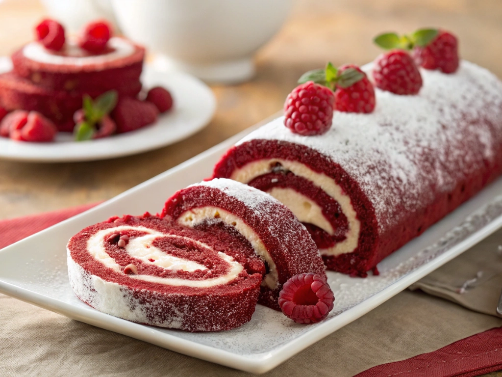 Red velvet cake roll slices with white chocolate raspberry buttercream, topped with raspberries and powdered sugar on a white plate.
