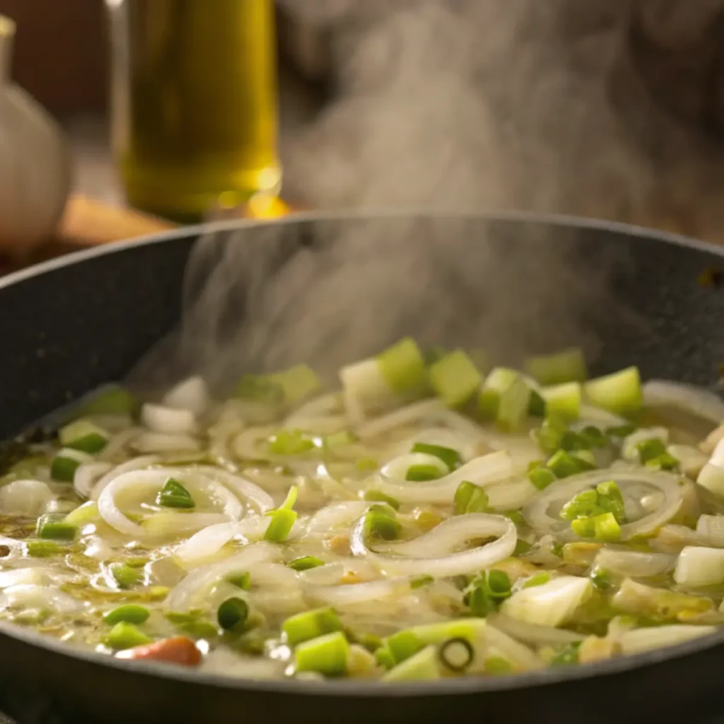 Butter, onions, and celery being sautéed to build flavor for the stuffing recipe.
