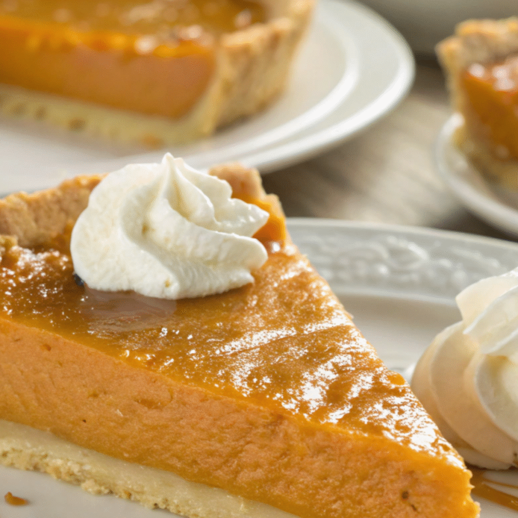 Slice of sweet potato pie with condensed milk on a white plate, creamy orange filling and flaky crust topped with a swirl of whipped cream.