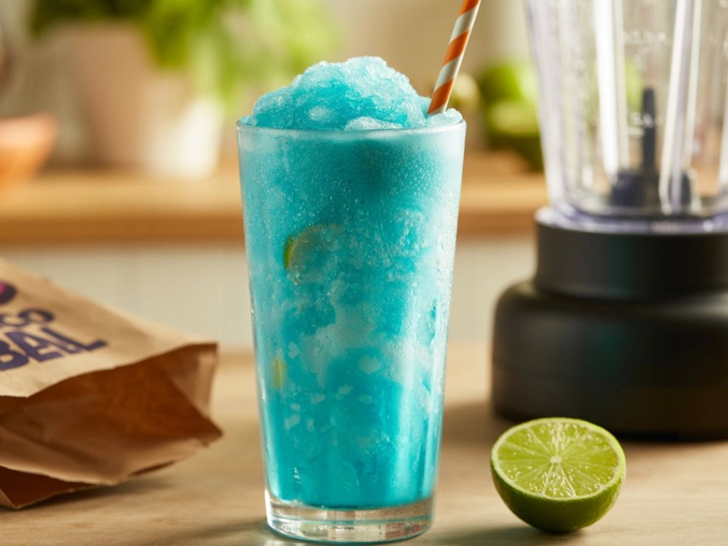 A homemade Taco Bell Baja Blast Freeze in a clear glass with a striped straw, sitting on a countertop with a Taco Bell bag and lime wedge in the background.