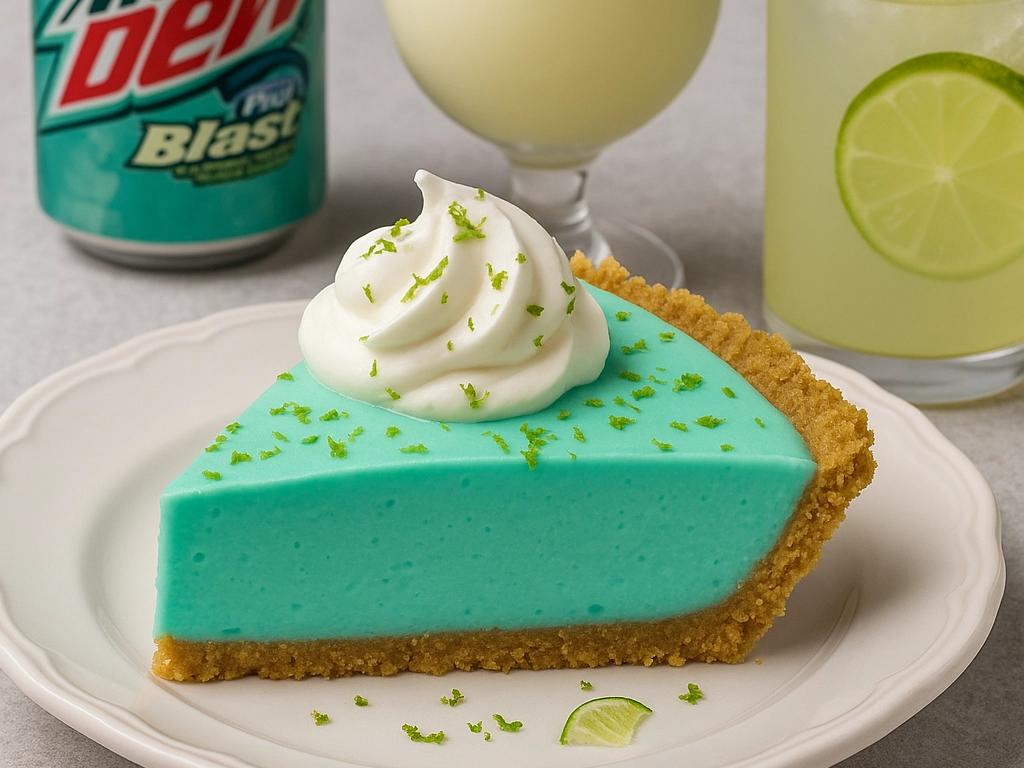 Baja Blast Pie served with whipped cream and lime zest, accompanied by a glass of Baja Blast soda and a side of tropical fruit on a white plate