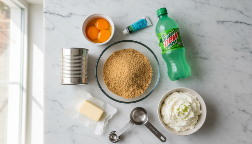 Overhead view of Baja Blast pie ingredients on a marble countertop, including graham cracker crumbs, Mountain Dew Baja Blast, whipped topping, egg yolks, butter, sweetened condensed milk, blue food coloring, and measuring spoons.