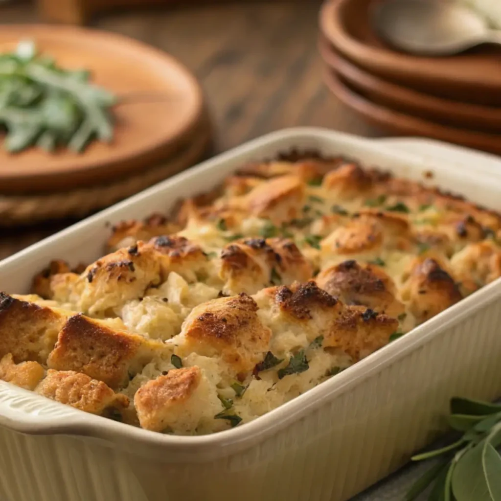Golden baked stuffing with a crisp top and soft herb-filled center fresh from the oven.