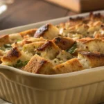Golden, crispy homemade stuffing baked in a ceramic dish, featuring buttery herb-seasoned bread cubes perfect for a classic Thanksgiving stuffing recipe.