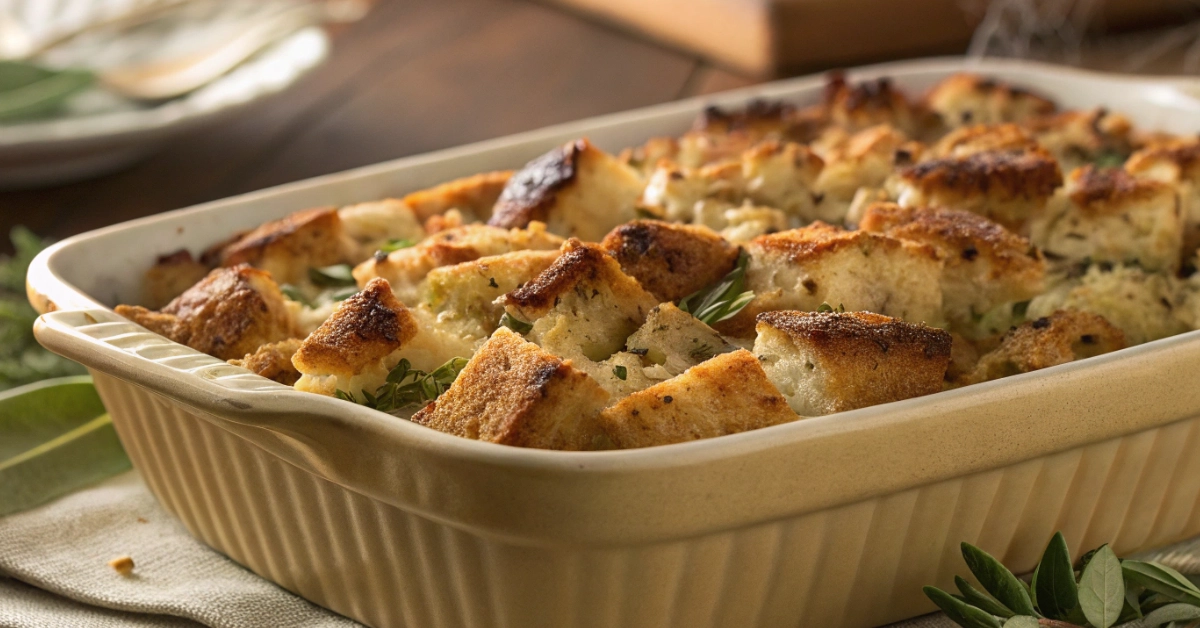 Golden, crispy homemade stuffing baked in a ceramic dish, featuring buttery herb-seasoned bread cubes perfect for a classic Thanksgiving stuffing recipe.