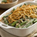 Freshly baked green bean casserole recipe topped with golden crispy fried onions in a white baking dish, showing creamy mushroom sauce and tender green beans.