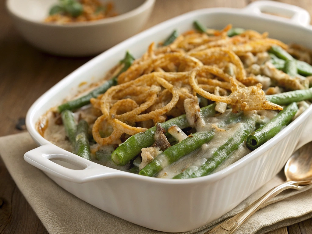 Freshly baked green bean casserole recipe topped with golden crispy fried onions in a white baking dish, showing creamy mushroom sauce and tender green beans.