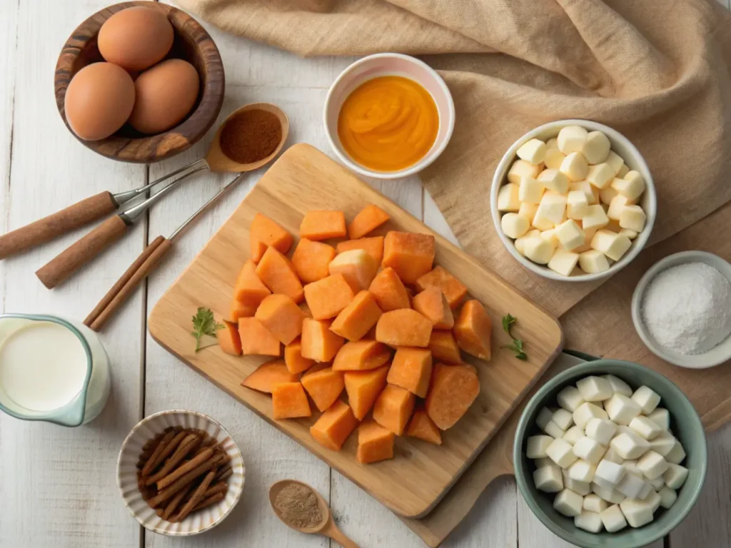Overhead view of ingredients for sweet potato casserole laid out on a wooden table, including chopped sweet potatoes, bowls of brown sugar, butter, milk, eggs, spices, chopped pecans, and mini marshmallows.