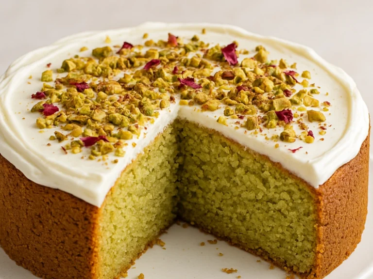 The Ultimate Pistachio Cake (No Jell-O Needed) A moist pistachio cake with creamy white frosting and chopped pistachios on top, displayed on a white cake stand.
