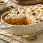 Baked Thanksgiving sweet potato casserole in a white dish topped with toasted marshmallows and chopped pecans.