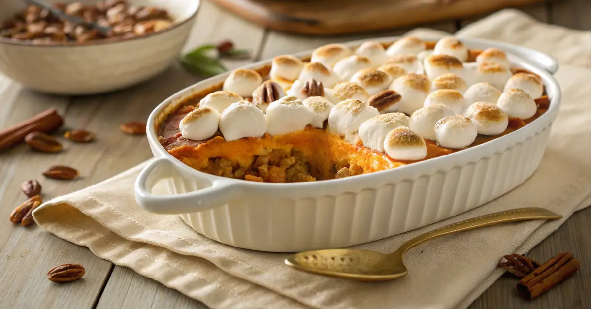 Baked Thanksgiving sweet potato casserole in a white dish topped with toasted marshmallows and chopped pecans.