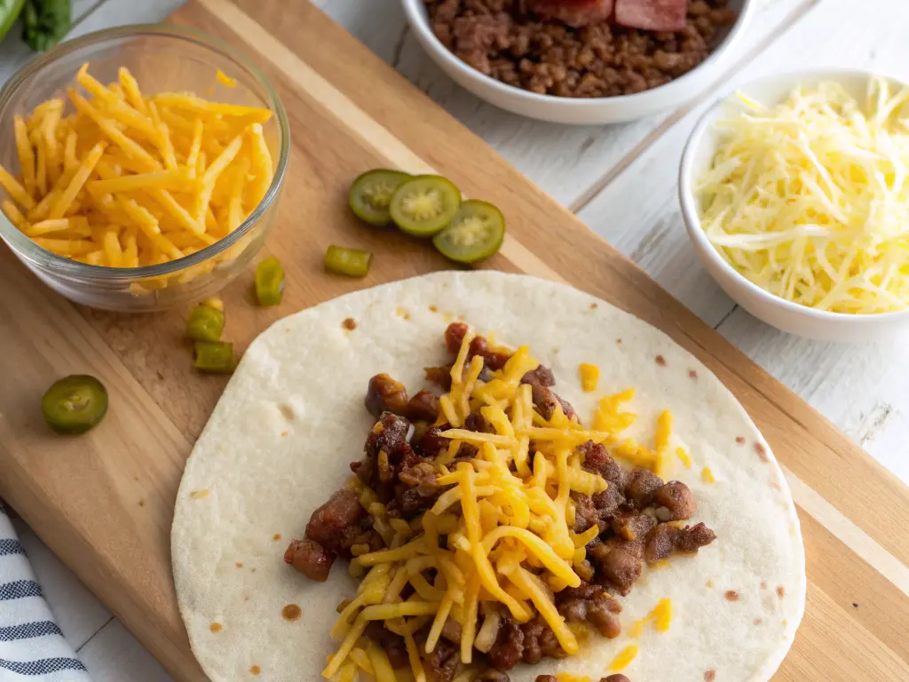 Flour tortilla topped with ground beef, bacon, shredded cheese, and sliced pickles on a board, showing how to assemble cheeseburger quesadillas before cooking.