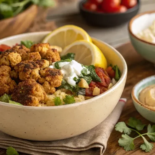 Cauliflower shawarma bowl with roasted spiced cauliflower, crispy chickpeas, rice, fresh cucumber and tomato, and tahini sauce drizzled on top.