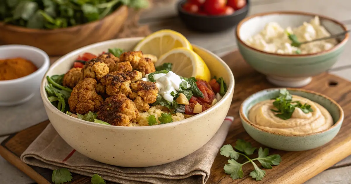 Cauliflower shawarma bowl with roasted spiced cauliflower, crispy chickpeas, rice, fresh cucumber and tomato, and tahini sauce drizzled on top.