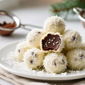 Chocolate Coconut Snowball Truffles piled on a plate with snowy coconut coating and a fudgy chocolate center