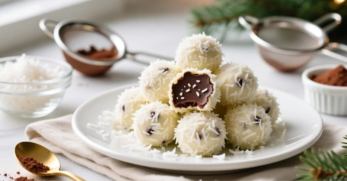 Chocolate Coconut Snowball Truffles piled on a plate with snowy coconut coating and a fudgy chocolate center