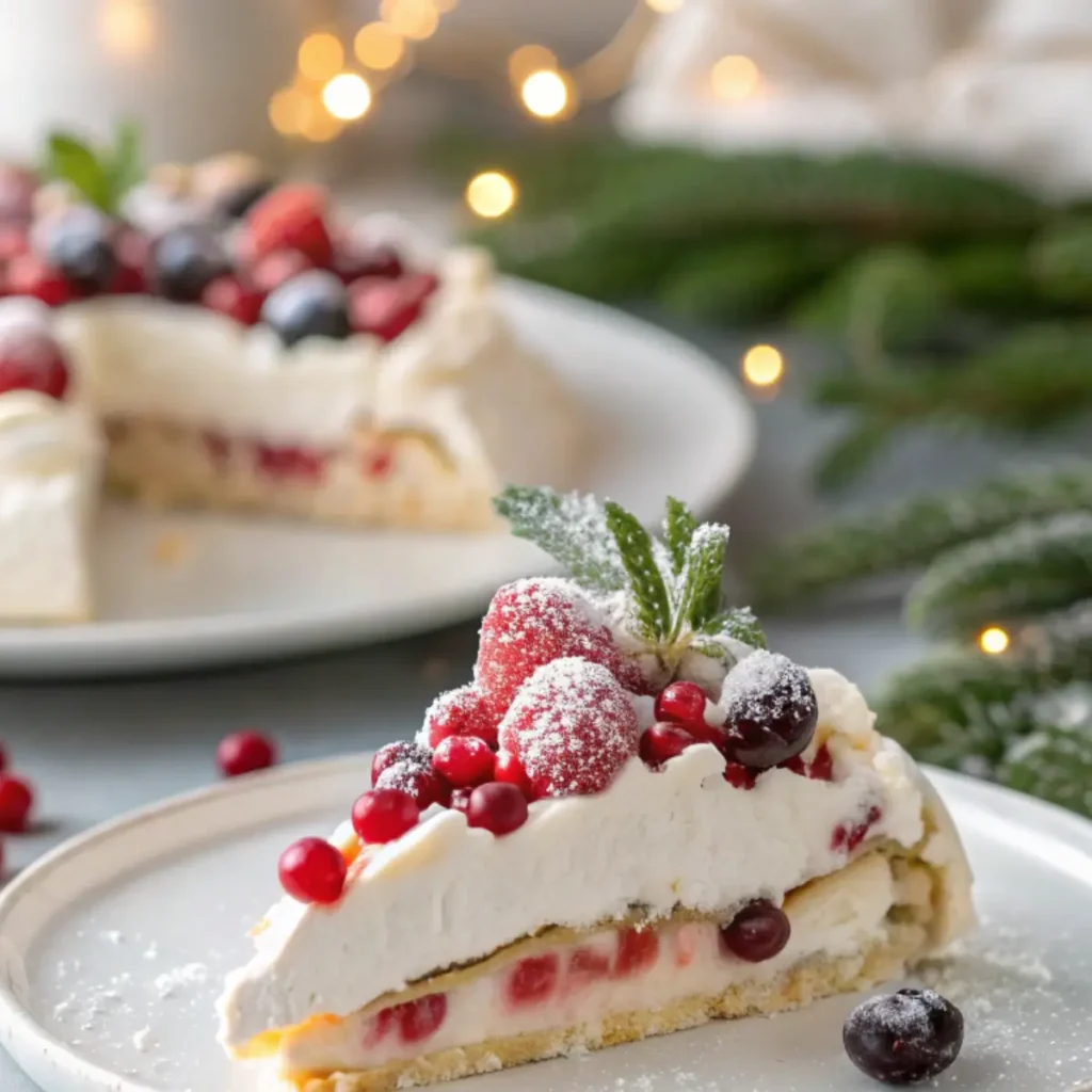 Christmas pavlova slice with whipped cream and festive winter fruit toppings