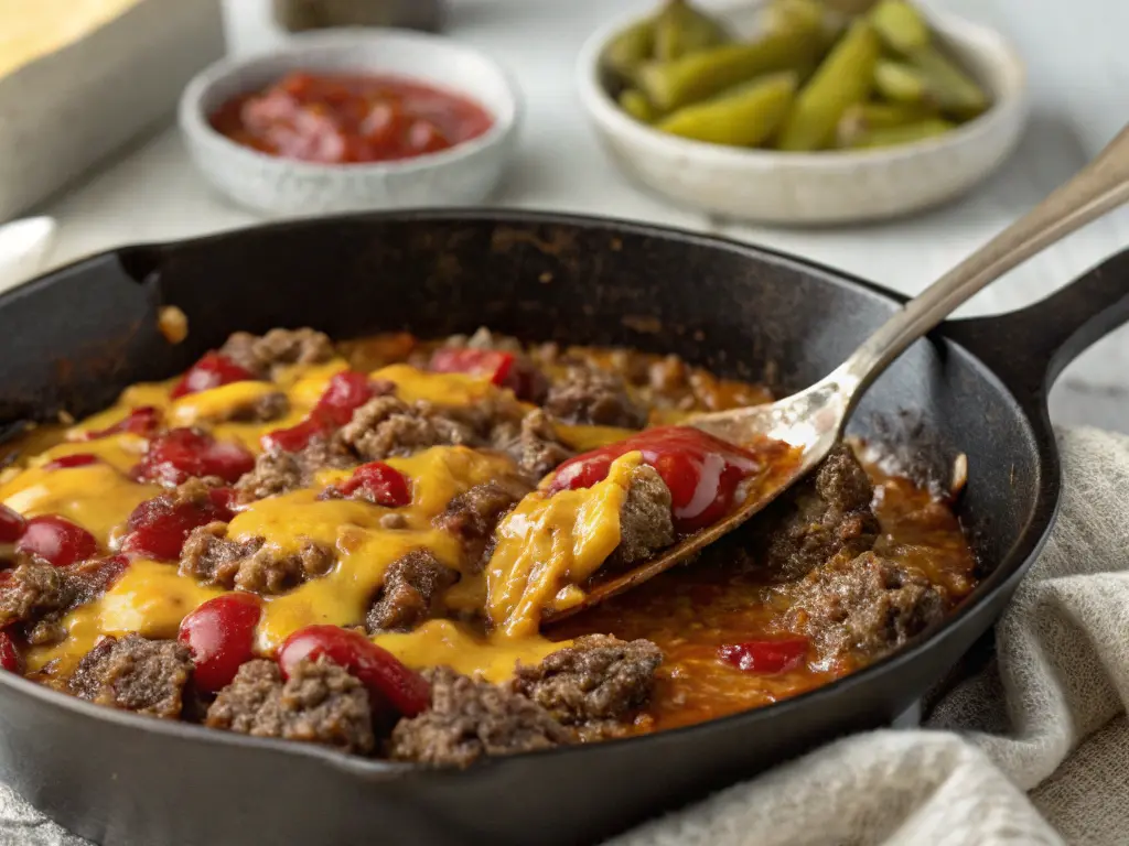 Cast-iron skillet filled with cheesy ground beef, ketchup, and burger seasonings, showing the cooked filling for cheeseburger quesadillas being scooped with a spoon.