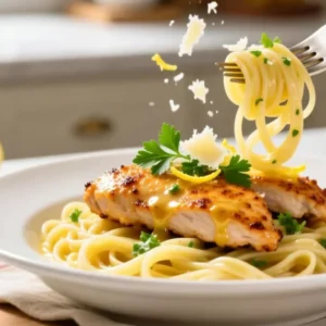 Cowboy butter chicken pasta with lemon-garlic butter sauce, parsley, and parmesan