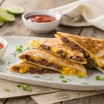 Crispy cheeseburger quesadillas wedges on a white plate, filled with melted cheese and seasoned ground beef, served with dipping sauces and pickles.