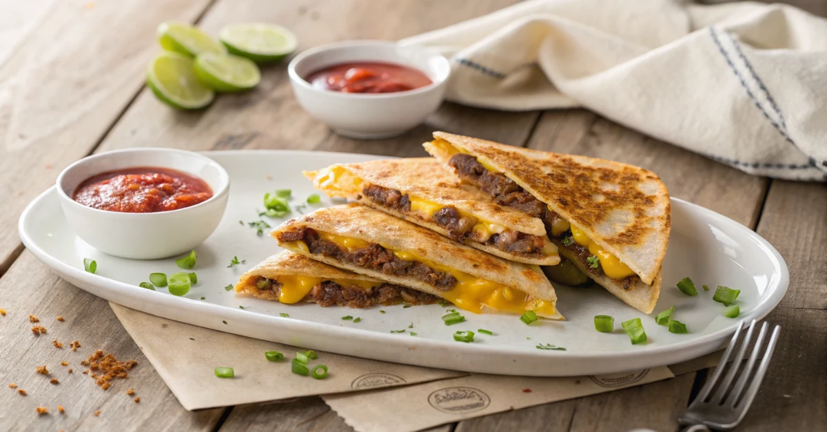Crispy cheeseburger quesadillas wedges on a white plate, filled with melted cheese and seasoned ground beef, served with dipping sauces and pickles.