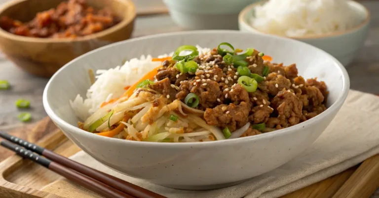 Egg Roll in a Bowl Recipe (Easy One-Pan Dinner) Egg roll in a bowl recipe with ground pork, cabbage, carrots, and rice topped with green onions and sesame seeds in a white bowl.