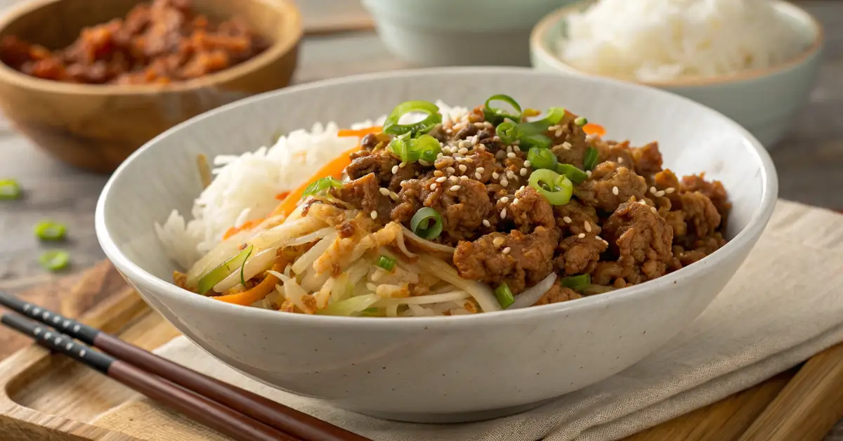 Egg roll in a bowl recipe with ground pork, cabbage, carrots, and rice topped with green onions and sesame seeds in a white bowl.
