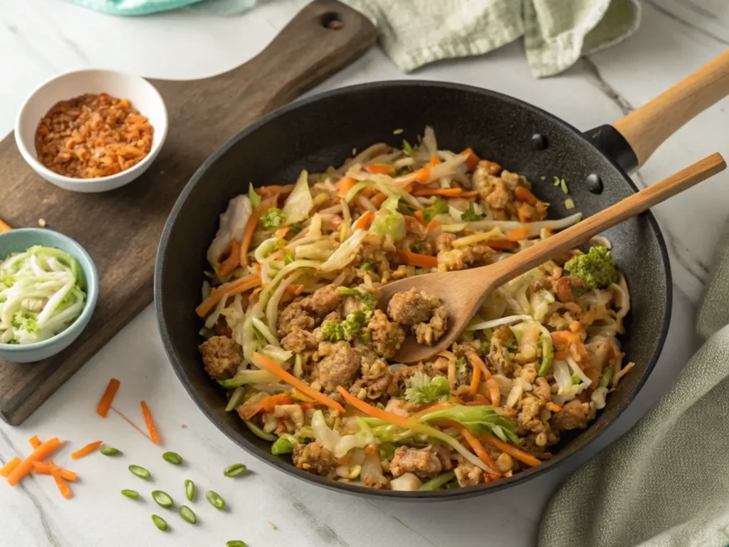 Overhead view of a skillet filled with egg roll in a bowl mixture of ground pork, shredded cabbage, and carrots being stirred with a wooden spatula.