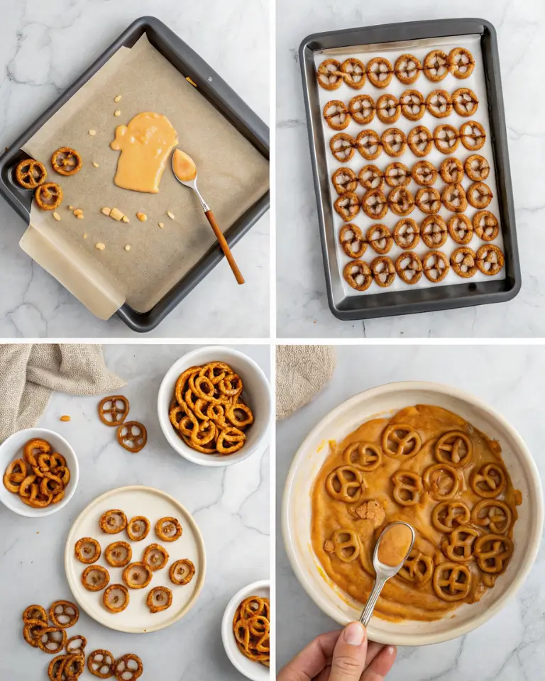 Step-by-step collage showing how to make butter toffee pretzels snack mix, from plain pretzels on a tray to bubbling toffee in a saucepan and finished golden pretzel clusters cooling on parchment.